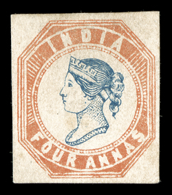 Spence page 24, 4, 1854 4a Blue and red, head die III (early state), frame die II, proof on yellowish white wove paper without watermark, produced from a stone containing an
unknown number of rows of six impressions, large equal margins all arou