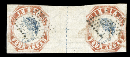 S.G. 17, 1854 4a Indigo and red, 1st printing, head die I, frame die I, pos. 6-7, horizontal pair widely spaced and separated by a blue wavy line, mostly ample margins to just
cutting outer frame line at right, used with light diamond of dots ca