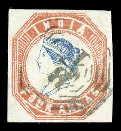 S.G. 21, 1855 4a Blue and red, 3rd printing, head die III, frame die I, attractive used example, ample to mostly large margins, bright colors on fresh white paper, lightly
cancelled by B1 on octagon, very fine.