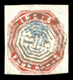 S.G. 21, 1855 4a Blue and red, 3rd printing, head die III, frame die I, ample to mostly large margins, bright colors on fresh paper, used with B5 postmark of Akyab, Burma,
very fine and handsome.