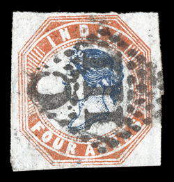 S.G. 21, 1855 4a Blue and red, 3rd printing, head die III, frame die I, pos. 5, ample to large margins all around, good colors on fresh white paper, used with C111 postmark of
Pondichery, French India, very fine and scarce signed Sismondo a
