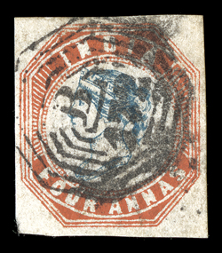 S.G. 23, 1855 4a Blue and red, 4th printing, head die III, frame die II, generous equal margins all around, fresh colors on clean paper, used with B172 postmark of Singapore,
very fine 1996 RPS certificate.