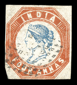 S.G. 23, 1855 4a Blue and red, 4th printing, head die III, frame die II, used with diamond of hollow dots cancel attributed to Singapore, ample margins to just touching at
base, rich colors and clear impression, fine signed Brun.