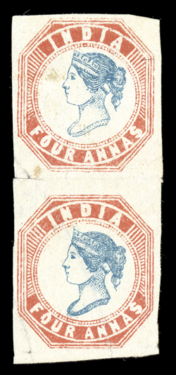 S.G. 25, 1855 4a Blue and rose-red, 5th printing, head die III, frame die II, without gum as issued, seldom seen mint vertical pair showing the 4mm spacing, fresh colors,
large margins all around, top stamp with a light stained spot, horizontal