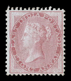 S.G. 36, 1855 8a Carmine on blue glazed paper, die I, a remarkably fresh mint example of this scarce and difficult stamp, particularly well centered with the perforations well
clear of the design all around, good color on strongly blued paper, f