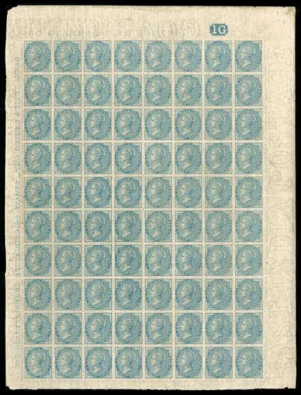 S.G. 37a, 1856 ½a Blue, die 1, imperforate, a stunning mint top right plate no. 1G full pane of 80, with One Quarter Sheet Containing 80 Stamps._Two Rupees & Eight Annas.
imprint at left, 160 Stamps._Five Rupees. at top and with marginal w