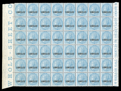 S.G. 5480, O2032, 1870-78 ½a-8a Victoria, overprinted CANCELLED, a truly amazing set of fourteen different cross-pane blocks of 48 from the center of the sheet, with Whole
Sheet Con part imprint at left and Sheet Containing 80 Stamps a