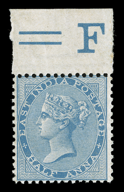 S.G. 54w, 1865 ½a Blue, die I, watermark inverted, top sheet-margin part imprint mint single, well centered, o.g., h.r. in the selvage only, the stamp with barest trace of
hinging, very fine a very rare mint stamp, which is listed in Stanley Gi