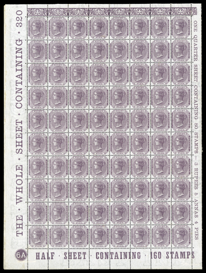 S.G. 56, 1865 8p Purple, mint lower left plate no. 6A complete pane of 80, with full imprints in the sheet selvages, exceptionally well centered throughout, incredibly fresh,
with strong and intact perforations, h.r.s in the selvage only, the