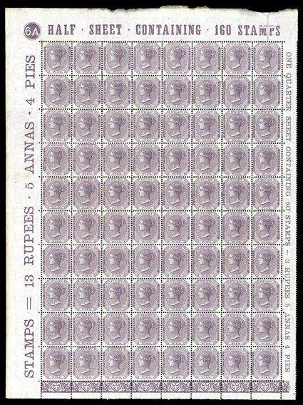 S.G. 56w, 1865 8p Purple, watermark inverted, an impressive mint plate no. 6A upper left complete pane of 80, with full imprints in the sheet selvages, wonderfully well
centered throughout, remarkably fresh and intact, lightly hinged in the se