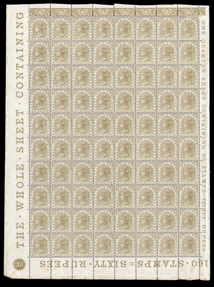 S.G. 80, 1876 6a Olive-bistre, mint plate no. 261 lower left complete pane of 80, with full imprints in the sheet selvages, incredibly well centered throughout, fresh and
intact, h.r. on stamps 1 and 8, the others all n.h., minor selvage fault