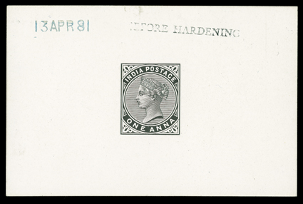 S.G. 88P, 1882 1a Black die proof on glazed card, 92x60mm, with BEFORE HARDENING and 13 APR 81 handstamps, wonderfully clean and fresh, extremely fine.