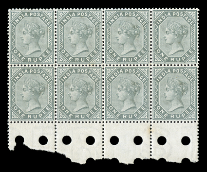 S.G. 101, 1883 1R Slate, post office fresh mint partial bottom sheet-margin block of eight (4x2), outstanding centering, crisp and intact, pristine o.g., n.h., extremely fine
and choice cataloged as hinged singles.