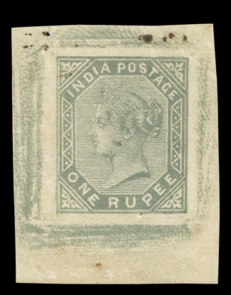 S.G. 101 var., 1883 1R Slate, postal forgery, large die proof, printed on thin 29x37mm card, several pinholes mainly in the top margin and light diagonal crease at upper right
just clear of the indicia, otherwise very fine and rare.