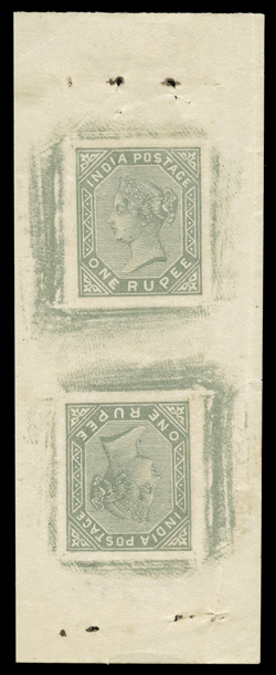 S.G. 101 var., 1883 1R Slate, postal forgery, large die proof, printed on thin 38x99mm card, two impressions printed tete-beche, pinholes in top and bottom margins, vertical
crease at far right edge, very fine and striking ex-Fletcher.