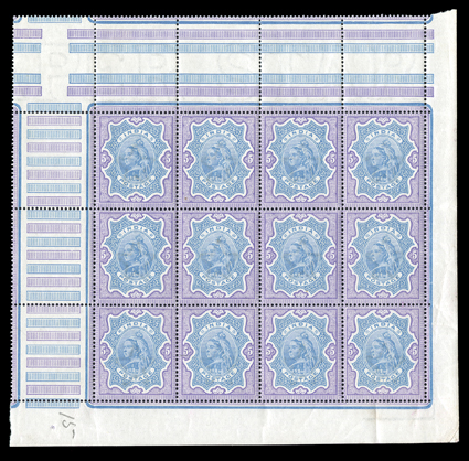 S.G. 107-09, 1895 2R-5R Victoria cplt., panes of twelve of each with full selvages, all exceptionally fresh and with excellent centering, a few trivial selvage flaws or hinge
marks in selvage only, the stamps all never hinged, extremely fine