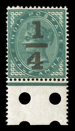 S.G. 110b, 1898 ¼ on ½a Blue-green, double impression of stamp, bottom sheet-margin mint example, intense color, o.g., l.h., very fine and scarce 2003 Ceremuga
certificate.