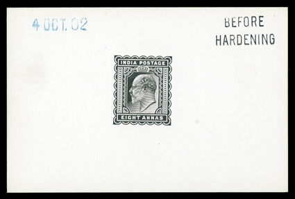 S.G. 133P, 1902 8a Black die proof on glazed card, 92x60mm, dated 4 Oct. 02 and marked BEFORE HARDENING, incredibly fresh, extremely fine.