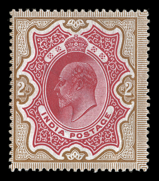 S.G. 139w, 1902 2R Carmine and yellow-brown, watermark inverted, bright and fresh, o.g., l.h., diagonal crease at lower right, fine appearance and very rare it is believed
that only a single sheet was printed with inverted watermark and most su
