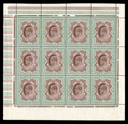 S.G. 141, 1911 3R Red-brown and green, mint pane of twelve, outstanding centering, strong and intact, o.g., n.h., diagonal crease affects the lower right vertical pair,
otherwise extremely fine cataloged as hinged singles.