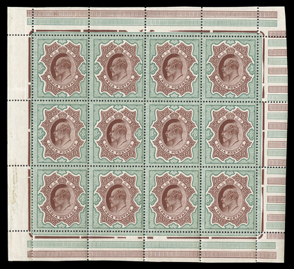 S.G. 141, 1911 3R Red-brown and green, mint pane of twelve, strong and intact, o.g., n.h., fine-very fine cataloged as hinged singles.