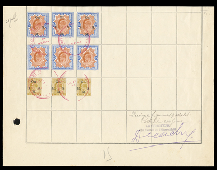 S.G. 144-47, O62, O68-72, 1909 10R-25R Edward VII and 6a-25R Edward VII overprinted On H.M.S., three examples of each affixed to full folio pages from the Madagascar U.P.U.
book and tied by their distinctive magenta triple circle Posted et Te
