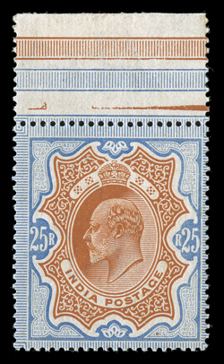 S.G. 147, 1909 25R Brownish orange and blue, select top sheet-margin mint single, vivid rich colors and nicely centered, o.g., very lightly hinged, very fine and
handsome.
