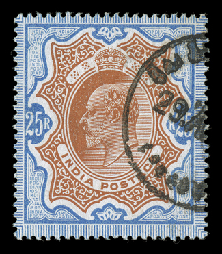 S.G. 147, 1909 25R Brownish orange and blue, select postally used single, rich luxuriant colors on fresh white paper, very well centered, neat c.d.s. cancel, choice very
fine.