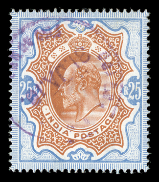 S.G. 147, 1909 25R Brownish orange and blue, six examples, five used with G.T.O. telegraph cancels, including one used in Rangoon, Burma, the sixth with violet datestamp, very
fine or better.