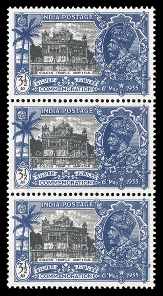 S.G. 245a, 1935 3½a Silver Jubilee, Bird flaw, vertical strip of three, the center stamp the variety, o.g., l.h., the variety n.h., very fine.