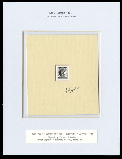 1936 ½a Black and white King Edward VIII photographic essay reverse mounted in recess on 127x144mm art board signed by Thomas I. Archer of the Security Printing Press, Nasik
and further mounted for display in recess area on 210x275mm art board r