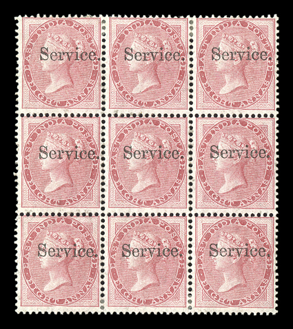 S.G. O5, 1866 Service overprint on 8a Carmine, handsome mint block of nine, fresh and intact, o.g., l.h., center horizontal strip n.h., fine-very fine cataloged as hinged
singles.