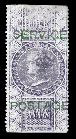 S.G. O17, 1866 ServicePostage overprint in green on 4a Fiscal stamp, small part o.g. (accompanying certificate states no gum), h.r.s, overall surface abrasions and light
vertical crease, otherwise fine and rare signed Holcombe and with 20
