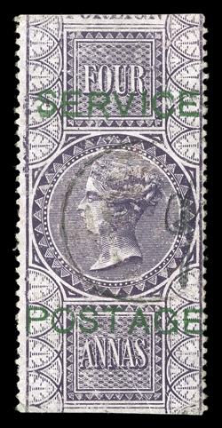 S.G. O17, 1866 ServicePostage overprint in green on 4a Fiscal stamp, used with light c.d.s. cancel, minimal usual surface abrasions and cracks, horizontal crease, fine
appearance.