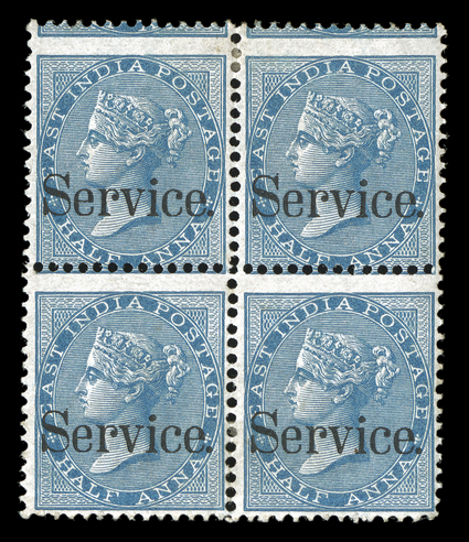 S.G. O22, 1873 Service. overprint on ½a Blue, die II, scarce mint block of four, with the top pair showing somewhat misplaced perforations, gorgeous rich color and sharp
impression on fresh paper, crisp and intact, fine bottom right stamp sig