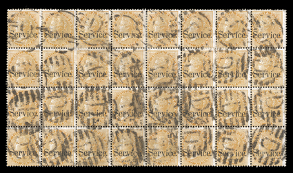 S.G. O27, 1867 Service. overprint on 2a orange, impressive used block of 32 (8x4), a few reinforced perf. separations and two stamps creased, otherwise fine
ex-Heath.