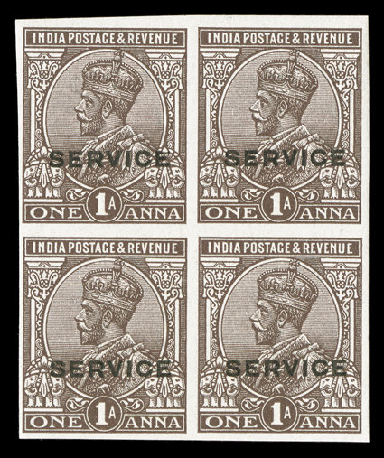 S.G. O98P, 1922 Service overprint on 1a chocolate, plate proof on stamp paper, block of four, ample to large margins all around, pristine o.g., n.h., very
fine.