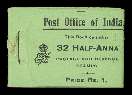 S.G. SB3, 1906 1R Black on green booklet containing 32 ½a (149) in blocks of four, cover with Post Office of India inscription and KEVII royal cypher, remarkably clean and
fresh, very fine and quite scarce as a complete booklet.