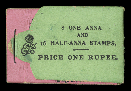S.G. SB5a, 1907 1R Black on green and pink booklet containing sixteen ½a (149) and eight 1a (150) in blocks of four, without Post Office of India inscription and with the
royal cypher of KEVII, very fine and rare complete booklet.