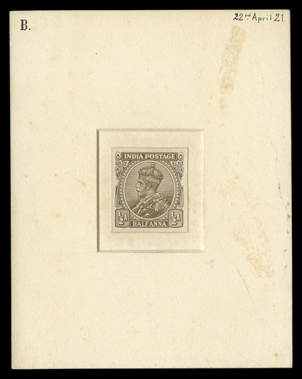 1923 ½a Olive-green George V essay for postal stationery, 25x27mm typographed essay mounted in recessed area on 90x115mm art board, manuscript 22nd April 21 notation at top
right, very fine and rare.