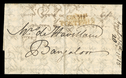 Camp Post Paid. red two-line straightline handstamp on 14th April, 1815 folded letter from Camp Mssoor to Bangalore, fresh and very fine.
