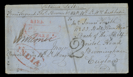 Mutiny of the Bengal Sepoys, two soldiers covers with original contents from the same correspondent from Kirkee to Birmingham, both endorsed from a Sargent Bowen, No. 1148,
14th Light Dragoons, East Indies and further endorsed by an officer, e