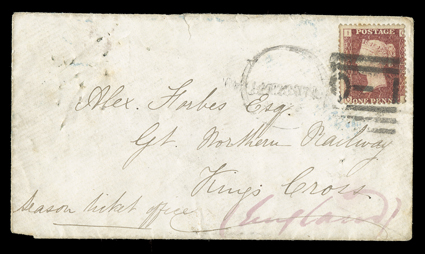 Great Britain S.G. 44, 1858-79 1d Lake-red, plate 189, tied by Lucknow O-1 duplex postmark to undated cover to Kings Cross, England, Allahabad22 Aug and Lucknow26 Aug
backstamps, plus boxed EnquiryOfficeAllahabadAug 22 backstamp, co