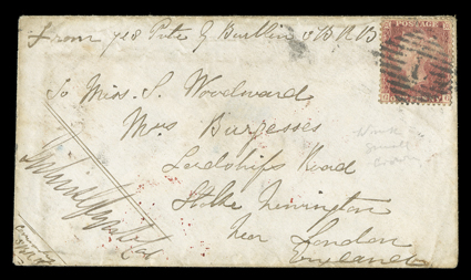 Great Britain 1854-57 1d Red-brown, two usages from India paying the 1d soldiers concessionary rate during the Indian Mutiny Period to England, first endorsed from 728 Pvte
Burkin 3BRB and countersigned by an officer, the stamp tied by num
