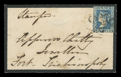 S.G. 2, 1854 ½a Blue, die I, margins to touching, tied to small mourning cover to Fort Trichinopoly by indistinct postmark, TrichinopolyDe 24, 1857 arrival backstamp, fine
mourning usage during the Mutiny.