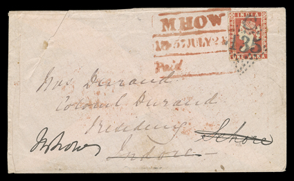 S.G. 12, 1854 1a Red, die I, margins to touching, tied by clear C135 in diamond of dots cancel to cover to Indore forwarded to Schore and then another town, red boxed Mhow1857
July 24Paid datestamp also ties the stamp, red boxed Palamcot