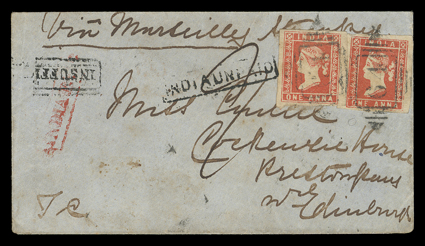 S.G. 12, 1854 1a Red, die I, two singles with ample to large margins, tied by two strikes of 64 in diamond cancel to cover to Edinburgh, red boxed India Paid handstamp
overstruck with Insufficient and matching India Unpaid handstamp alon
