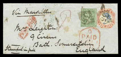 S.G. 19, 1854 4a Blue and red, 2nd printing, head die II, frame die I, single cut to shape and tied along with 2a Green (S.G. 31) by two strikes of 35 in diamond grid to cover
to England, Via Marseilles directive, red tombstone PaidAu 1,