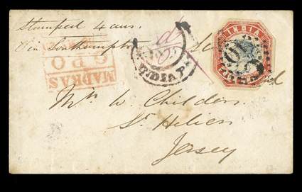 S.G. 21b, 1855 4a Blue and red, 3rd printing, head die IIIa, frame die I, cut to shape but leaving large margins all around, tied to small cover to St. Hellier, Jersey by C10
in lozenge of Madras and ms. endorsement, red boxed MadrasG.P