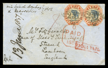 S.G. 21b, 1855 4a Blue and red, 3rd printing, head die IIIa, frame die I, two singles cut to shape and tied by 237 in diamond grid to cover to London, via Scinde - Bombay &
Marseilles directive, red boxed India Paid handstamp, red tombston